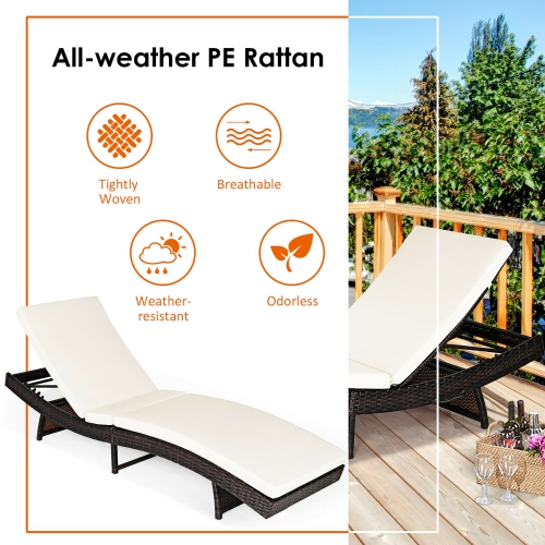 Costway 2PCS Patio Rattan Folding Lounge Chair Chaise Adjustable White Cushion