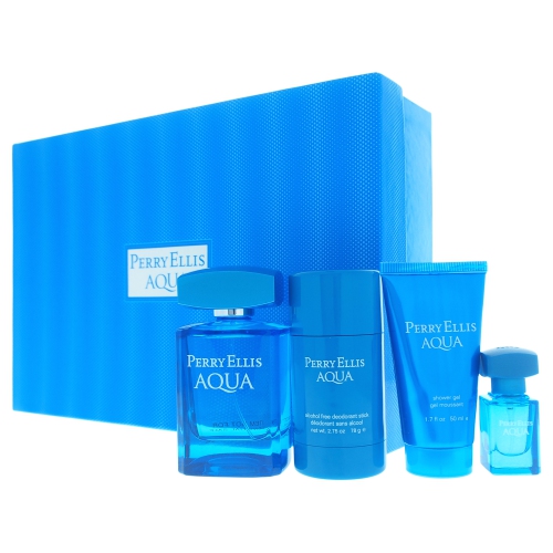 Perry Ellis Aqua by Perry Ellis for Men - 4 Pc Gift Set 3.4oz EDT Spray, 2.75oz Deodorant Stick, 1.7oz Shower Gel, 0.25oz EDT Spray