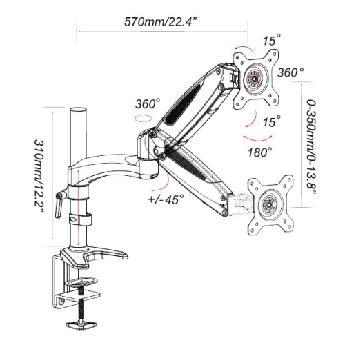 Amer Mounts - Heavy Duty Gas Spring Single Monitor Mount Articulating Arm Up to 15kg and 65" Monitor LCD Display - HYDRA1HD