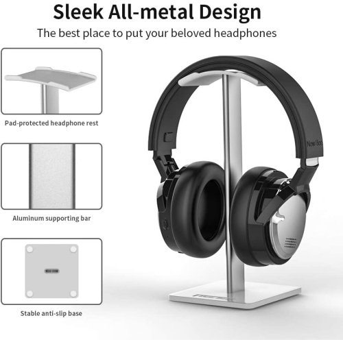Headphone Stand Headset Holder New Bee Earphone Stand with Aluminum Supporting Bar Flexible Headrest ABS Solid Base for All Headphones Size - Silver