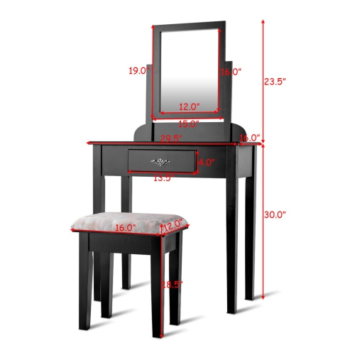 Costway Makeup Desk Vanity Dressing Table Set W/Square Mirror Stool 1 Large Drawer Black