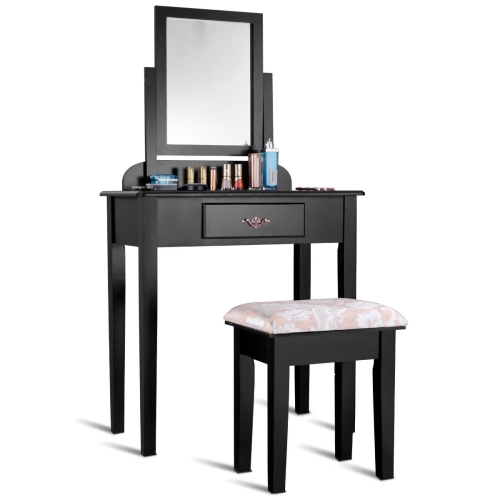 Costway Makeup Desk Vanity Dressing Table Set W/Square Mirror Stool 1 Large Drawer Black