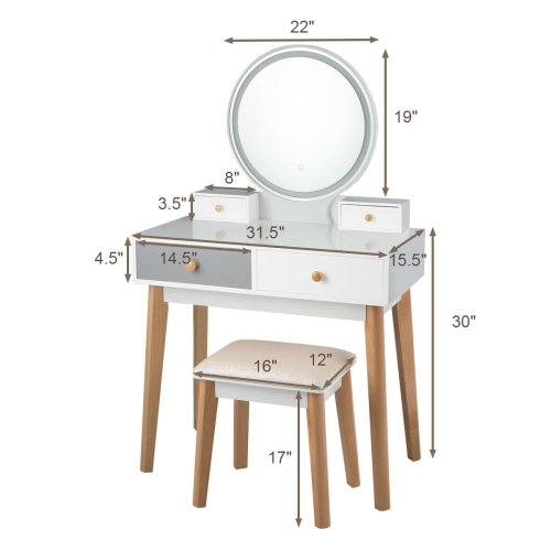 Costway Vanity Table Set 3 Color Lighting Modes MakeUp Table & Stool Set Jewelry Divider