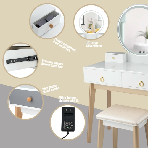 Costway Vanity Table Set 3 Color Lighting Modes MakeUp Table & Stool Set Jewelry Divider