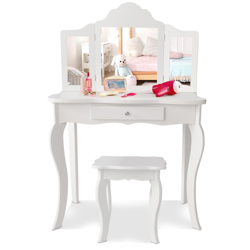 Costway Vanity Table Set Makeup Dressing Table Kids Girls Stool Mirror