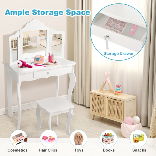 Costway Vanity Table Set Makeup Dressing Table Kids Girls Stool Mirror