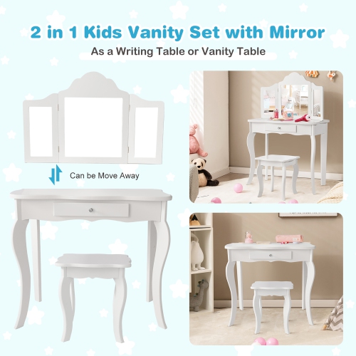 Costway Vanity Table Set Makeup Dressing Table Kids Girls Stool Mirror