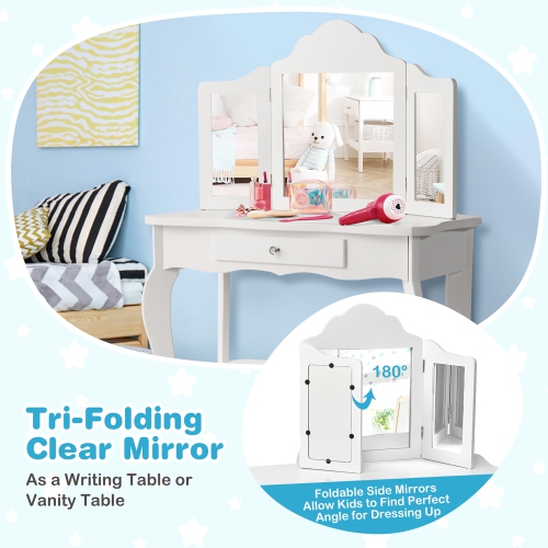 Costway Vanity Table Set Makeup Dressing Table Kids Girls Stool Mirror