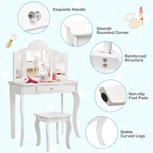 Costway Vanity Table Set Makeup Dressing Table Kids Girls Stool Mirror