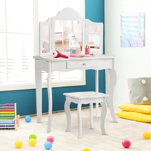Costway Vanity Table Set Makeup Dressing Table Kids Girls Stool Mirror