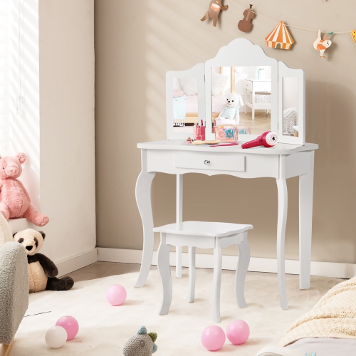 Costway Vanity Table Set Makeup Dressing Table Kids Girls Stool Mirror
