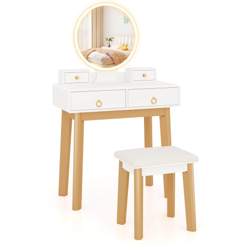 Ensemble de coiffeuse Costway avec miroir rond éclairé à DEL et tabouret coussiné à 4 tiroirs