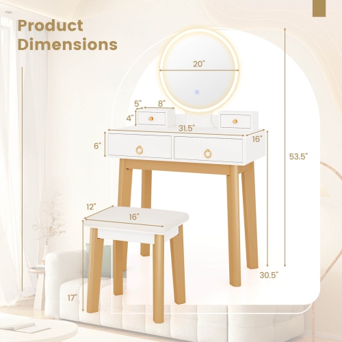 Ensemble de coiffeuse Costway avec miroir rond éclairé à DEL et tabouret coussiné à 4 tiroirs