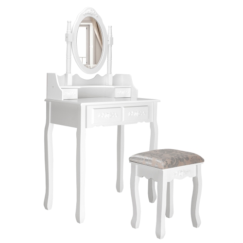 COSTWAY  Vanity Wood Makeup Dressing Table Stool Set Jewelry Desk W/4 Drawer&mirror White