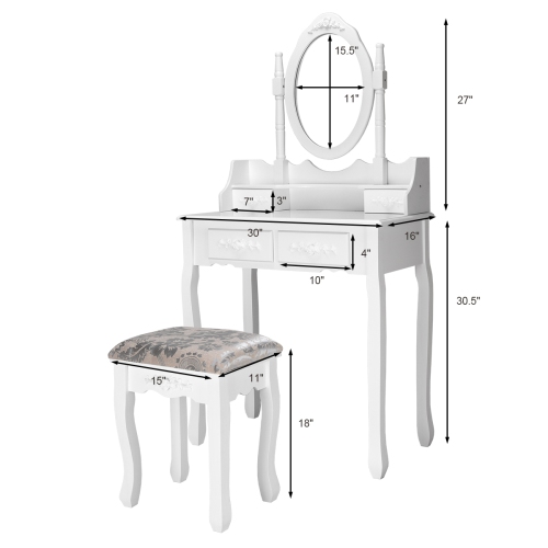 Costway Vanity Wood Makeup Dressing Table Stool Set Jewelry Desk W/4 Drawer&Mirror White