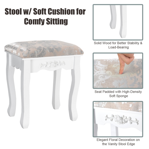 Costway Vanity Wood Makeup Dressing Table Stool Set Jewelry Desk W/4 Drawer&Mirror White
