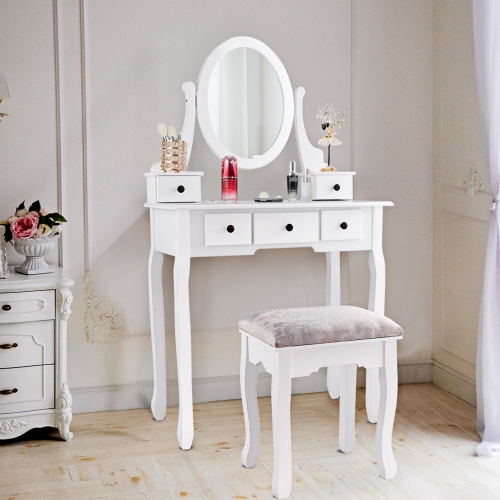Costway Makeup Desk Vanity Dressing Table Set W/ Oval Mirror Stool 5 Storage Drawers