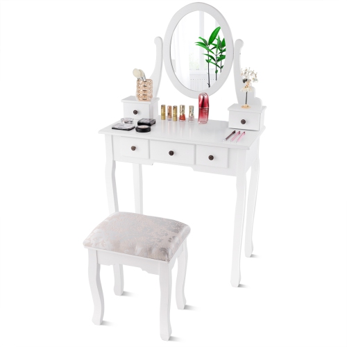 Costway Makeup Desk Vanity Dressing Table Set W/ Oval Mirror Stool 5 Storage Drawers
