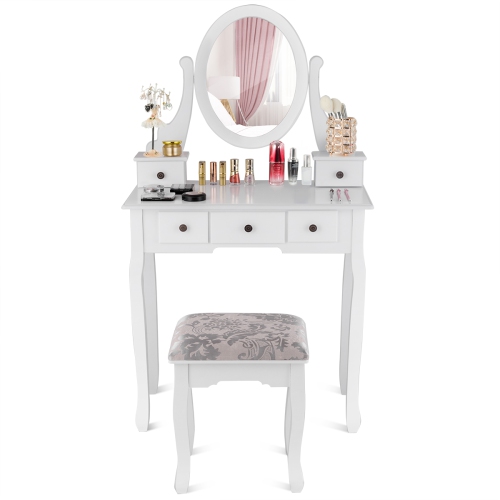 Costway Makeup Desk Vanity Dressing Table Set W/ Oval Mirror Stool 5 Storage Drawers