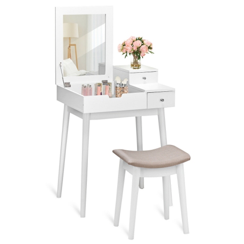 COSTWAY  Vanity Dressing Table Set Flip Mirror Desk Furniture Stool W/ 2 Drawer White