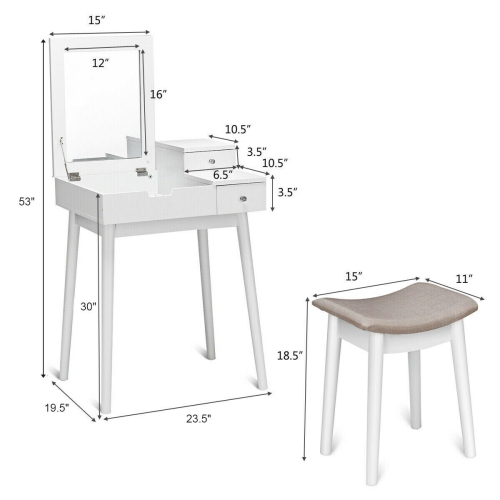 Costway Vanity Dressing Table Set Flip Mirror Desk Furniture Stool W/ 2 Drawer White