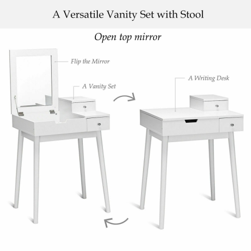 Costway Vanity Dressing Table Set Flip Mirror Desk Furniture Stool W/ 2 Drawer White