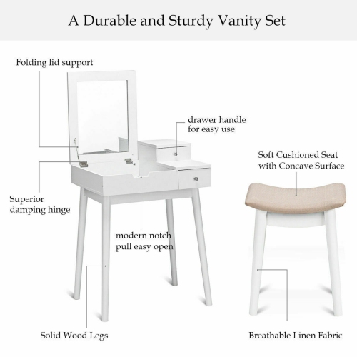 Costway Vanity Dressing Table Set Flip Mirror Desk Furniture Stool W/ 2 Drawer White