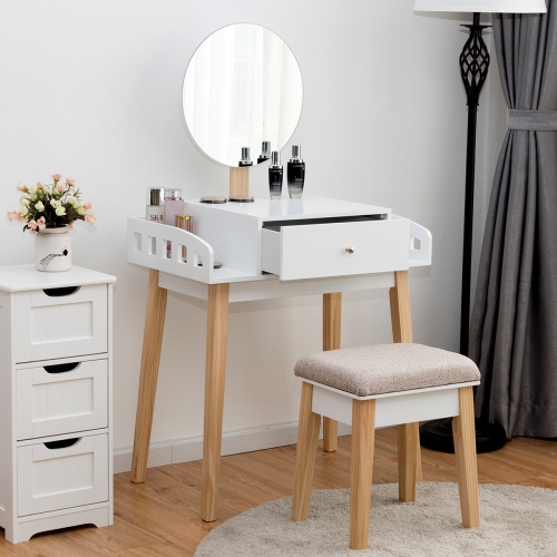 Costway Wooden Vanity Makeup Dressing Table Stool Set Round Mirror W/1 Drawer