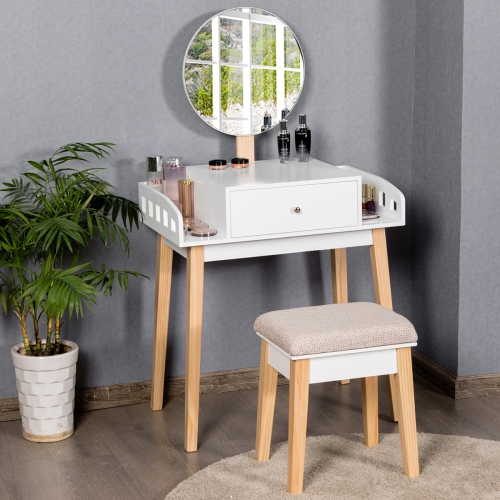 Costway Wooden Vanity Makeup Dressing Table Stool Set Round Mirror W/1 Drawer