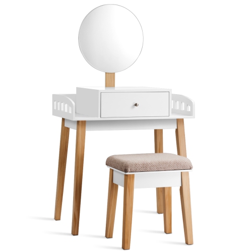 Costway Wooden Vanity Makeup Dressing Table Stool Set Round Mirror W/1 Drawer