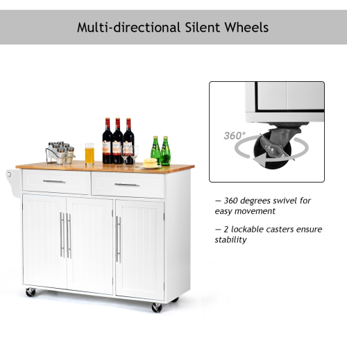 Desserte de Cuisine à Roulettes,Chariot de Service Imperméable en Bois avec 2 Tiroirs,Tablette Réglable,Porte-Serviettes,Porte-Couteau,3