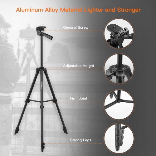 Tripod, 55-Inch Camera Tripod, Lightweight Aluminum Travel Tripod with Carry Bag, Maximum Load Capacity 6.6 LB, 1/4" Mounting