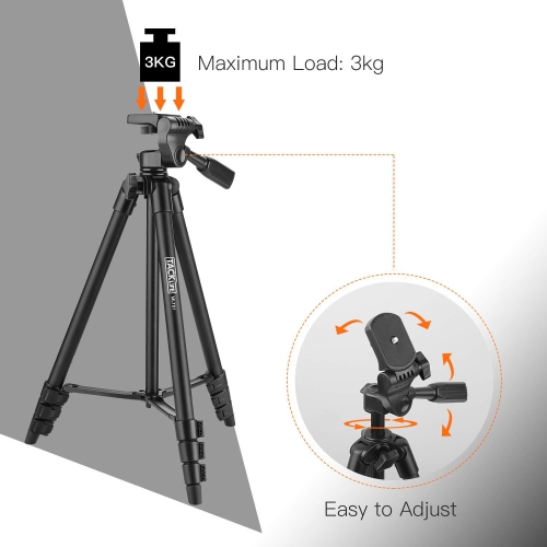 Tripod, 55-Inch Camera Tripod, Lightweight Aluminum Travel Tripod with Carry Bag, Maximum Load Capacity 6.6 LB, 1/4" Mounting