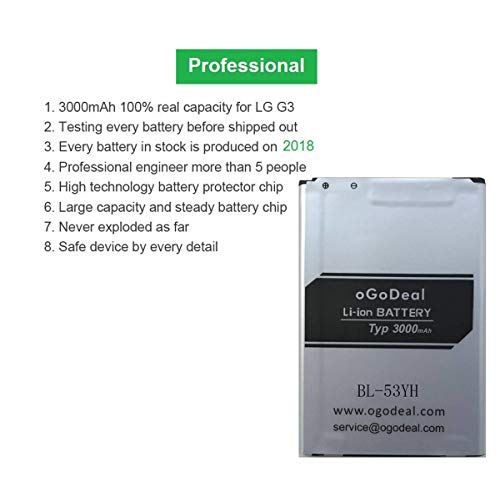 oGoDeal G3 Battery, Battery Replacement for LG G3 Battery BL-53YH 3000mAh Li-Ion LG Spare Battery