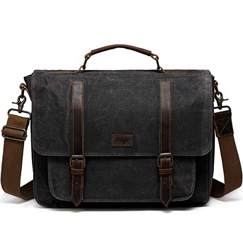 Kasqo Vintage 15.6 inch Waxed Canvas Water Resistant Briefcase Leather ...