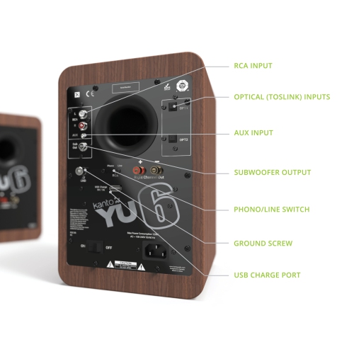 Kanto YU6 Powered Speakers with Bluetooth® and Phono Preamp | Walnut | Pair