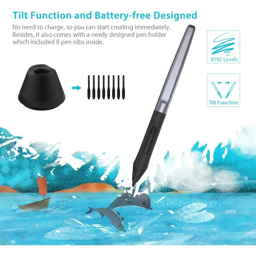 2022 tablette à dessin avec stylet rechargeable et 8 touches rapides 8190 niveaux de pression avec fonction d’inclinaison, compatible avec les