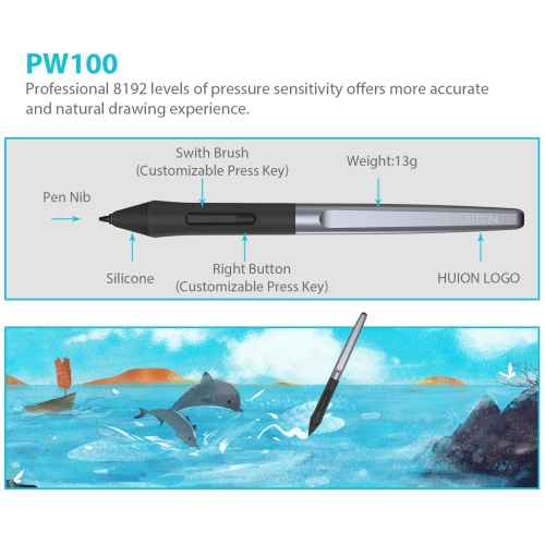 2022 tablette à dessin avec stylet rechargeable et 8 touches rapides 8190 niveaux de pression avec fonction d’inclinaison, compatible avec les