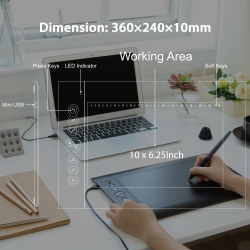 2022 tablette à dessin avec stylet rechargeable et 8 touches rapides 8190 niveaux de pression avec fonction d’inclinaison, compatible avec les