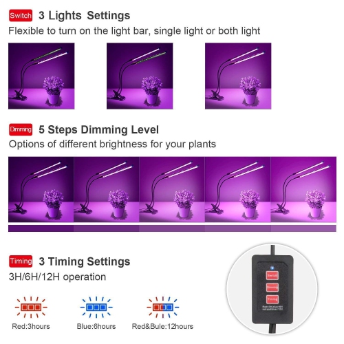 Plant Growth, Timing Function Auto Off Dual head Grow light 36LED 3 working modes 5 Dimmable Levels Full spectrum