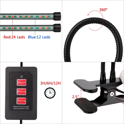 Plant Growth, Timing Function Auto Off Dual head Grow light 36LED 3 working modes 5 Dimmable Levels Full spectrum