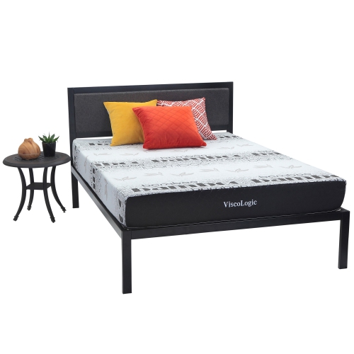 VISCOLOGIC  Solid Platform Metal Bed Frame With Upholstered Headboard / Mattress Foundation / Wood Slat Support