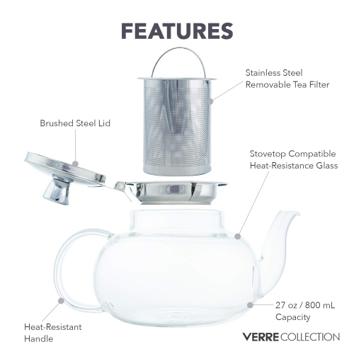 Verre Collection Teapot Stovetop Glass Kettle with Stainless Steel Removable Infuser, Loose Leaf Tea