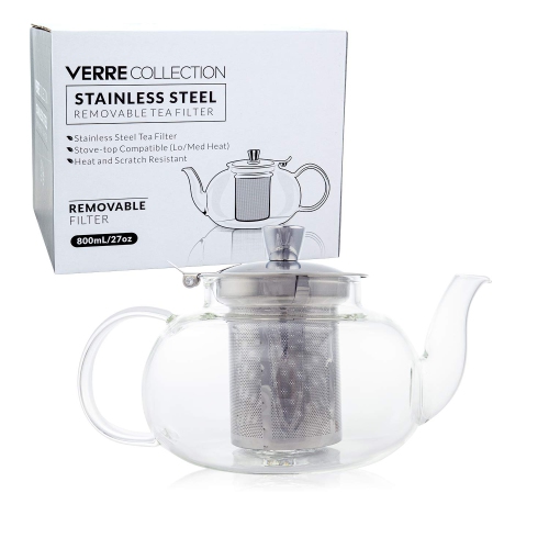 Verre Collection Teapot Stovetop Glass Kettle with Stainless Steel Removable Infuser, Loose Leaf Tea