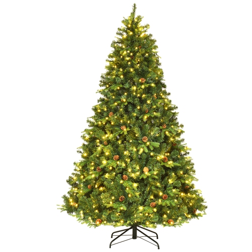 COSTWAY  7.5Ft Pre-Lit Artificial Christmas Tree Hinged With 540 Led Lights & Pine Cones