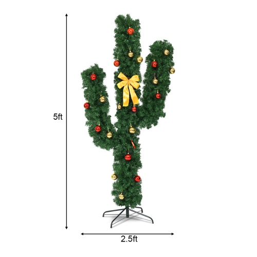 Costway 5Ft Pre-Lit Cactus Artificial Christmas Tree w/LED Lights and Ball Ornaments