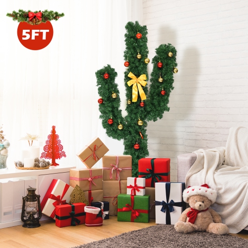 Costway 5Ft Pre-Lit Cactus Artificial Christmas Tree w/LED Lights and Ball Ornaments