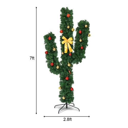 Costway 7Ft Pre-Lit Cactus Artificial Christmas Tree w/LED Lights and Ball Ornaments