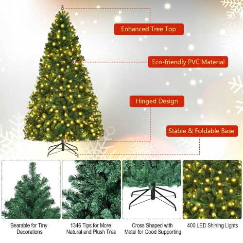 Costway 7.5Ft Pre-Lit Hinged PVC Artificial Christmas Tree w/ 400 LED Lights & Stand New