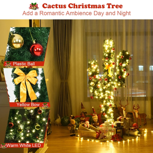 Costway 6Ft Pre-Lit Cactus Artificial Christmas Tree w/LED Lights and Ball Ornaments